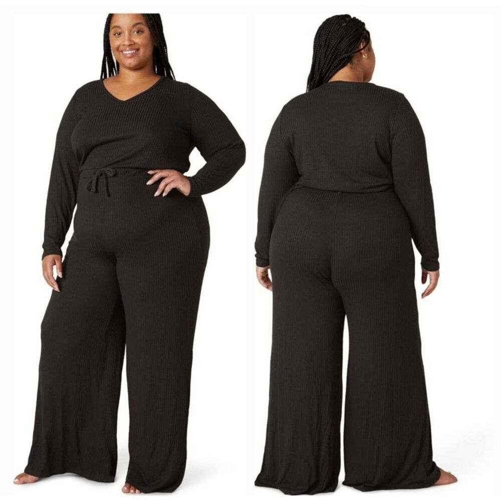NWT Beyond Yoga 2X Black Ribbed Wide Leg Long Sleeve Jumpsuit One Piece